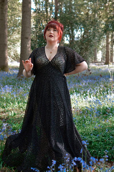 Plus size pinup Miss Amy May models the Black Leopard Flocked Mesh Lydia dress gown by Wax Poetic Clothing for a fit and size review