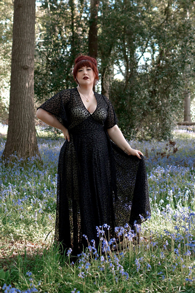 Plus size pinup Miss Amy May models the Black Leopard Flocked Mesh Lydia dress gown by Wax Poetic Clothing for a fit and size review