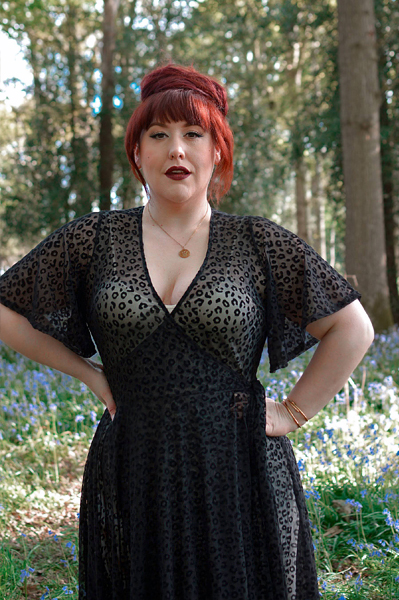 Plus size pinup Miss Amy May models the Black Leopard Flocked Mesh Lydia dress gown by Wax Poetic Clothing for a fit and size review