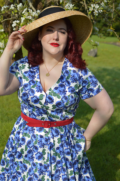 Plus size pinup Miss Amy May models the Shana blue roses dress by Collectif for a fit and sizing review