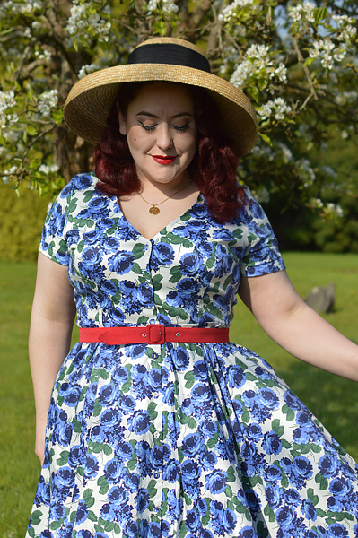 Plus size pinup Miss Amy May models the Shana blue roses dress by Collectif for a fit and sizing review