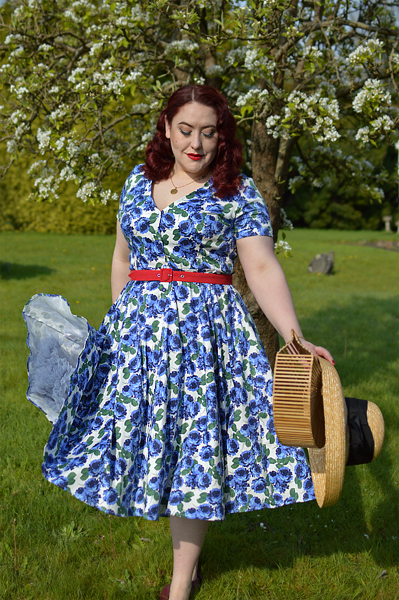 Plus size pinup Miss Amy May models the Shana blue roses dress by Collectif for a fit and sizing review