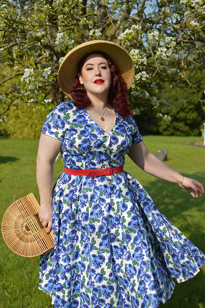 Plus size pinup Miss Amy May models the Shana blue roses dress by Collectif for a fit and sizing review