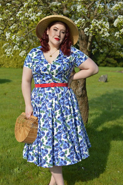 Plus size pinup Miss Amy May models the Shana blue roses dress by Collectif for a fit and sizing review