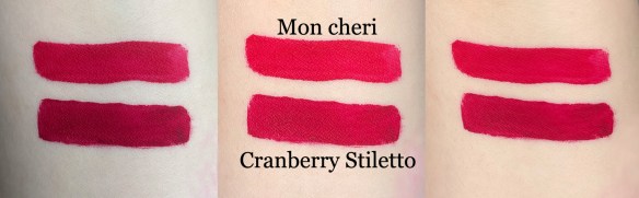 Arm swatches of Beauty Bakerie's Matte Lip Whip in Cranberry Stiletto and Mon Cheri both shown in LED ring lighting and natural lighting