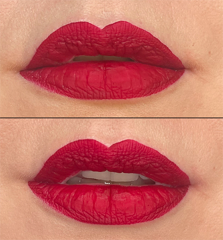 Lip swatches of Beauty Bakerie's Matte Lip Whip in Cranberry Stiletto shown on pinup Miss Amy May in LED ring lighting and natural lighting