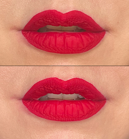 Lip swatches of Beauty Bakerie's Matte Lip Whip in Mon Cheri shown on pinup Miss Amy May in LED ring lighting and natural lighting