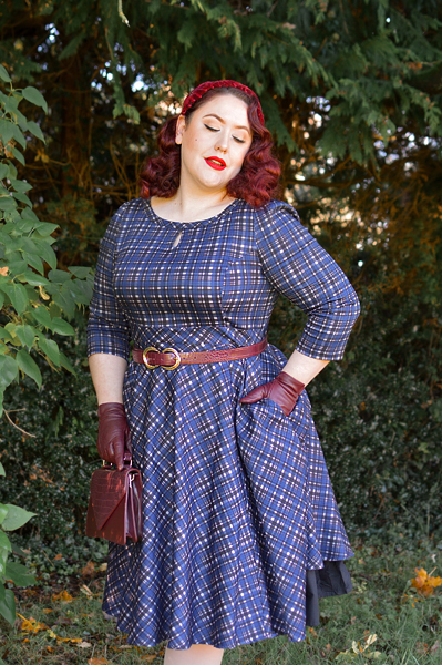 Plus size pinup Miss Amy May models the Anna Check Swing Dress by Hearts and Roses London for a fit and size review