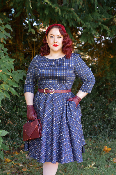 Plus size pinup Miss Amy May models the Anna Check Swing Dress by Hearts and Roses London for a fit and size review