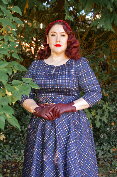 Plus size pinup Miss Amy May models the Anna Check Swing Dress by Hearts and Roses London for a fit and size review