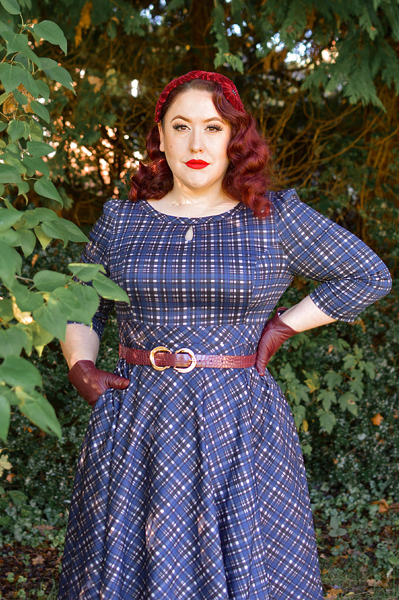 Plus size pinup Miss Amy May models the Anna Check Swing Dress by Hearts and Roses London for a fit and size review