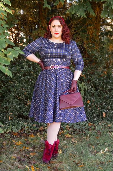 Plus size pinup Miss Amy May models the Anna Check Swing Dress by Hearts and Roses London for a fit and size review