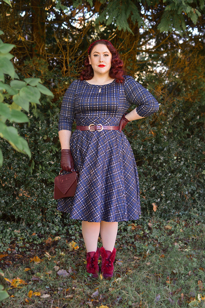 Plus size pinup Miss Amy May models the Anna Check Swing Dress by Hearts and Roses London for a fit and size review