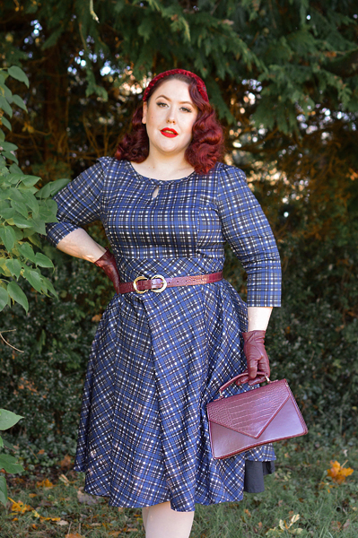 Plus size pinup Miss Amy May models the Anna Check Swing Dress by Hearts and Roses London for a fit and size review