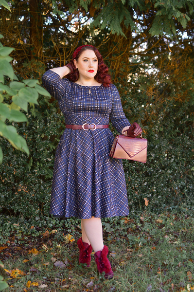 Plus size pinup Miss Amy May models the Anna Check Swing Dress by Hearts and Roses London for a fit and size review