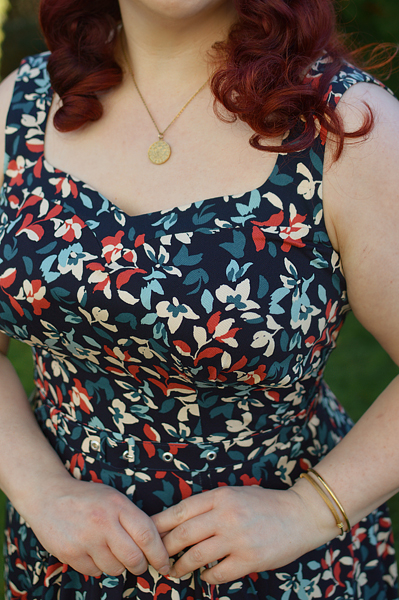 Plus size pinup Miss Amy May models the Clarinda-Lee dress by Miss Candyfloss for a fit and size review