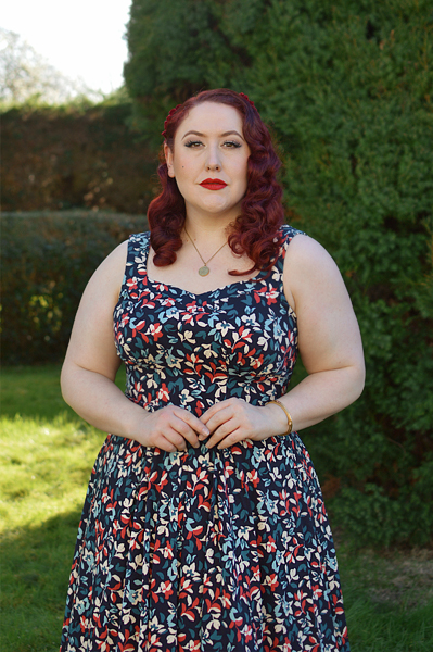 Plus size pinup Miss Amy May models the Clarinda-Lee dress by Miss Candyfloss for a fit and size review
