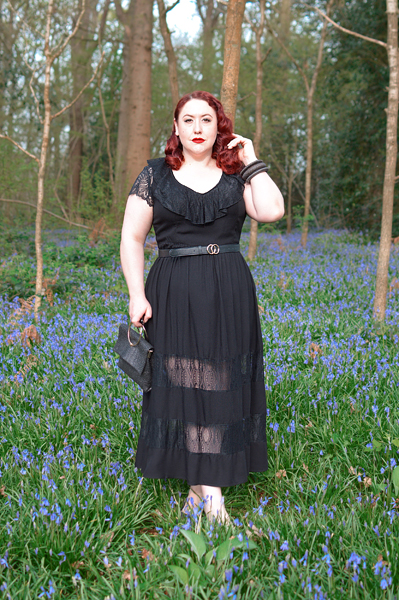 Plus size pinup Miss Amy May models the Mortem Maxi dress by Hell Bunny for a fit and size review