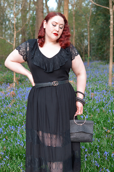 Plus size pinup Miss Amy May models the Mortem Maxi dress by Hell Bunny for a fit and size review