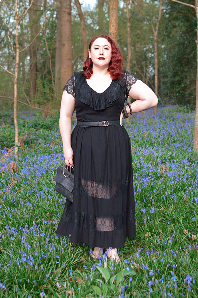 Plus size pinup Miss Amy May models the Mortem Maxi dress by Hell Bunny for a fit and size review