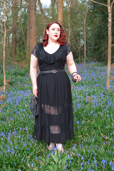 Plus size pinup Miss Amy May models the Mortem Maxi dress by Hell Bunny for a fit and size review