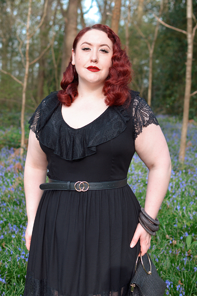Plus size pinup Miss Amy May models the Mortem Maxi dress by Hell Bunny for a fit and size review