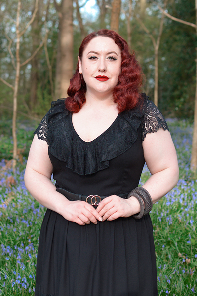 Plus size pinup Miss Amy May models the Mortem Maxi dress by Hell Bunny for a fit and size review