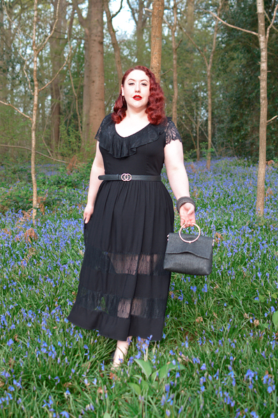 Plus size pinup Miss Amy May models the Mortem Maxi dress by Hell Bunny for a fit and size review